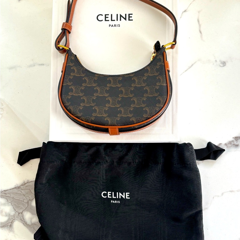 Celine Canvas Calfskin Mini Ava Triomphe Shoulder Bag Tan